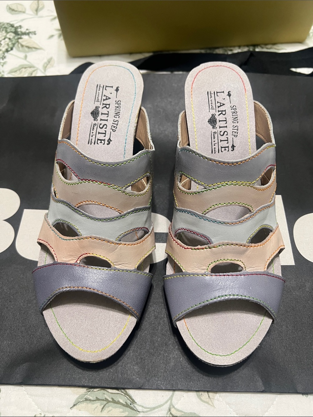 L'ATISTE Pastel Multi-Strip Slide Sandals in Gray, Pink, Cream, gray